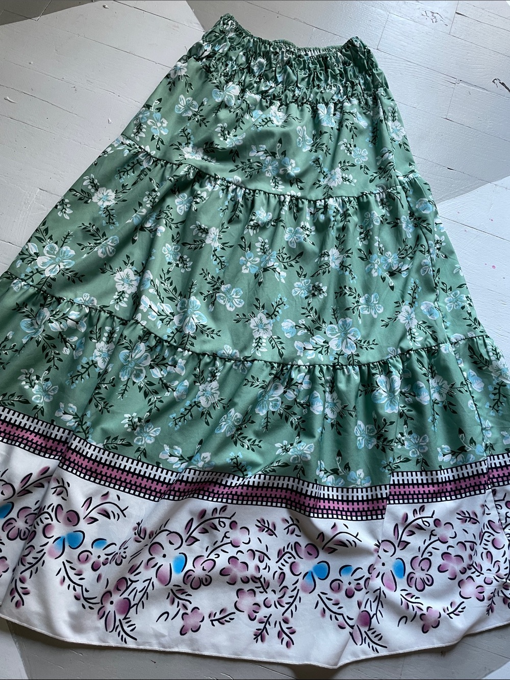 Green Floral Tiered Maxi Skirt